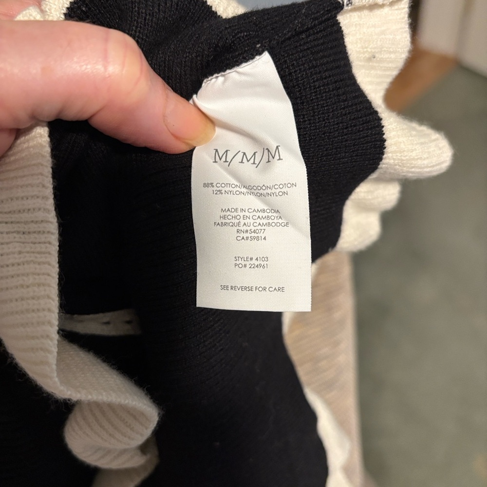CABI Adorn #4103  Black and Cream ruffle ribbed cotton pullover sweater - Picture 10 of 10